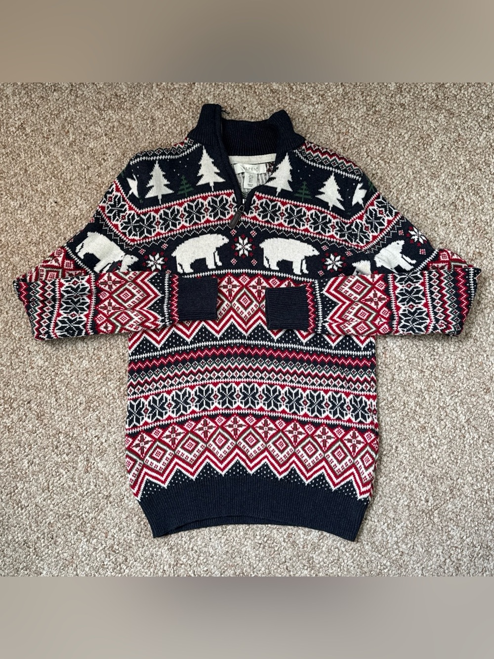 Aspen Men's Fair Isle Zip-Up Holiday Navy Sweater Size Small